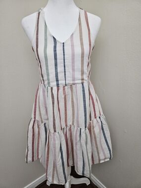 American Eagle Outfitters White Dress with Pink, Blue and Brown Stripes Size M
